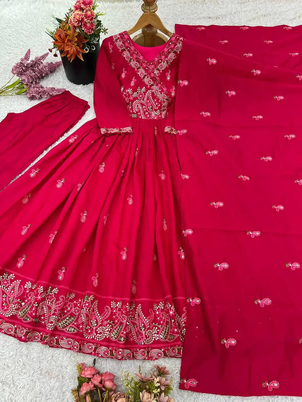 Designer Roman Silk Embroidered Gown Set with Dupatta – Ready to Wear