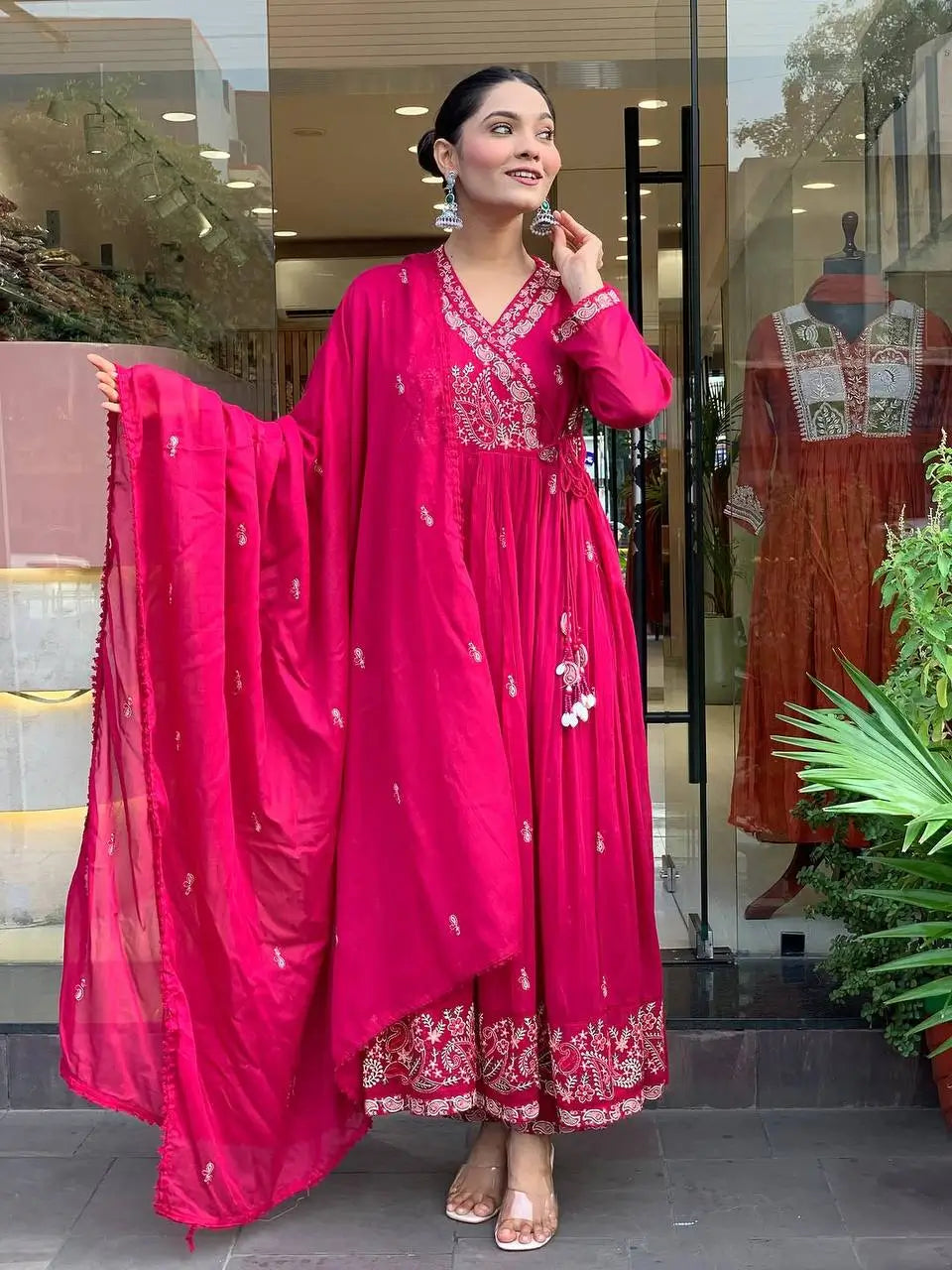 Designer Roman Silk Embroidered Gown Set with Dupatta – Ready to Wear