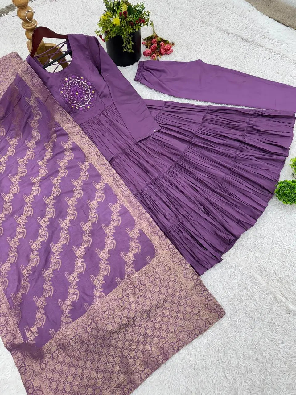 Designer Roman Silk Embroidered Gown Set with Jacquard Dupatta