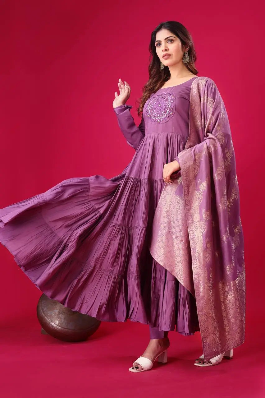 Designer Roman Silk Embroidered Gown Set with Jacquard Dupatta