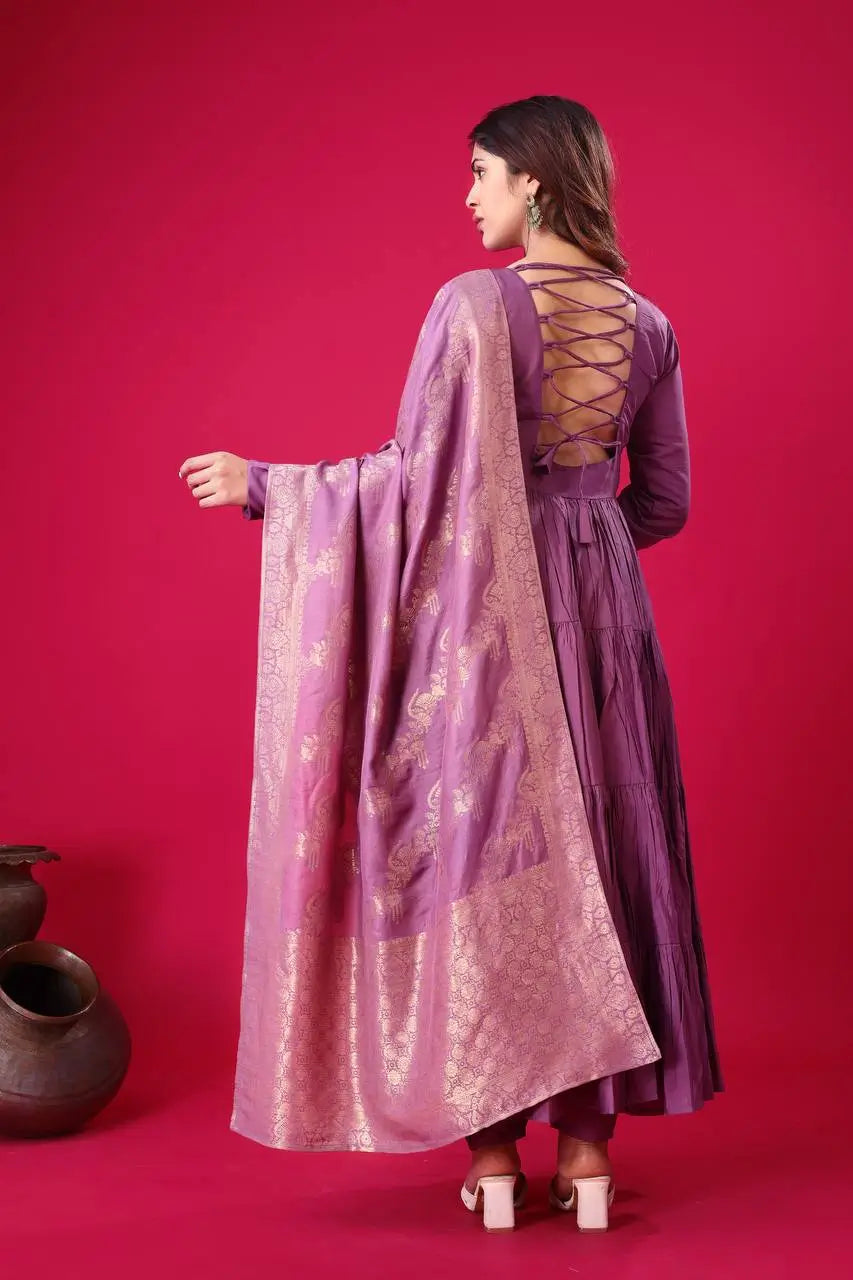 Designer Roman Silk Embroidered Gown Set with Jacquard Dupatta