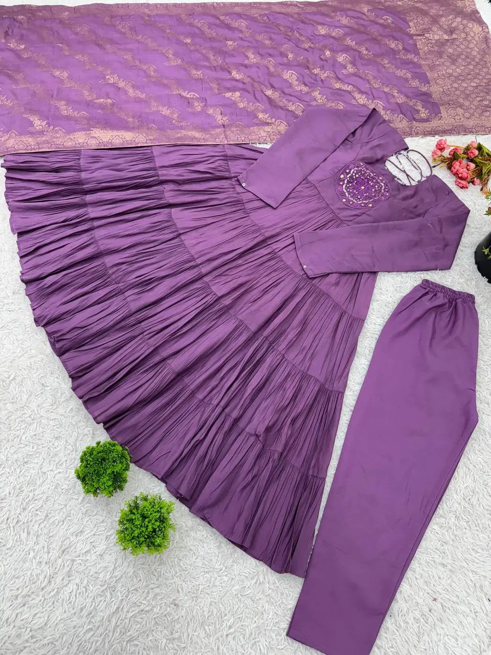 Designer Roman Silk Embroidered Gown Set with Jacquard Dupatta