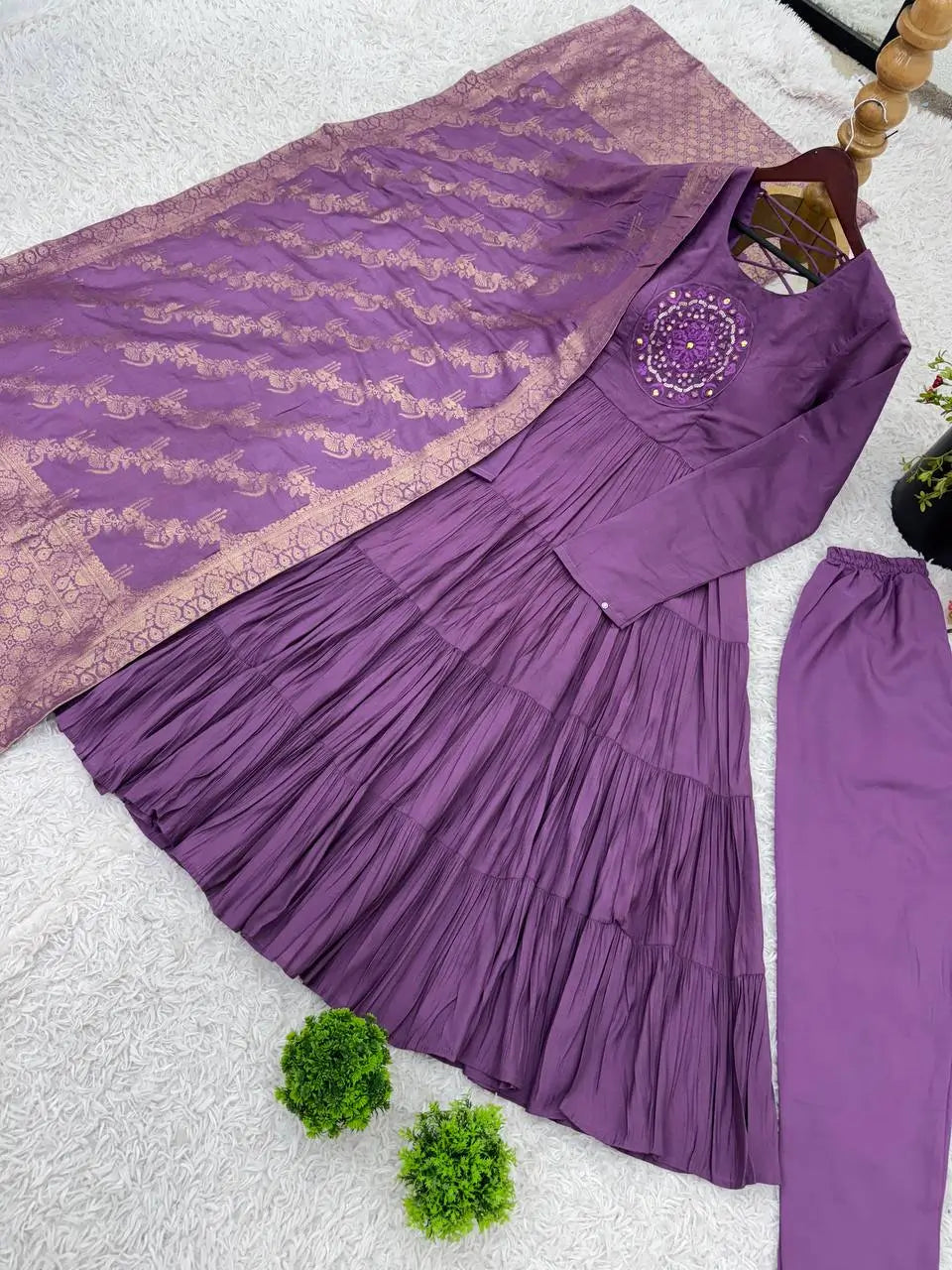 Designer Roman Silk Embroidered Gown Set with Jacquard Dupatta