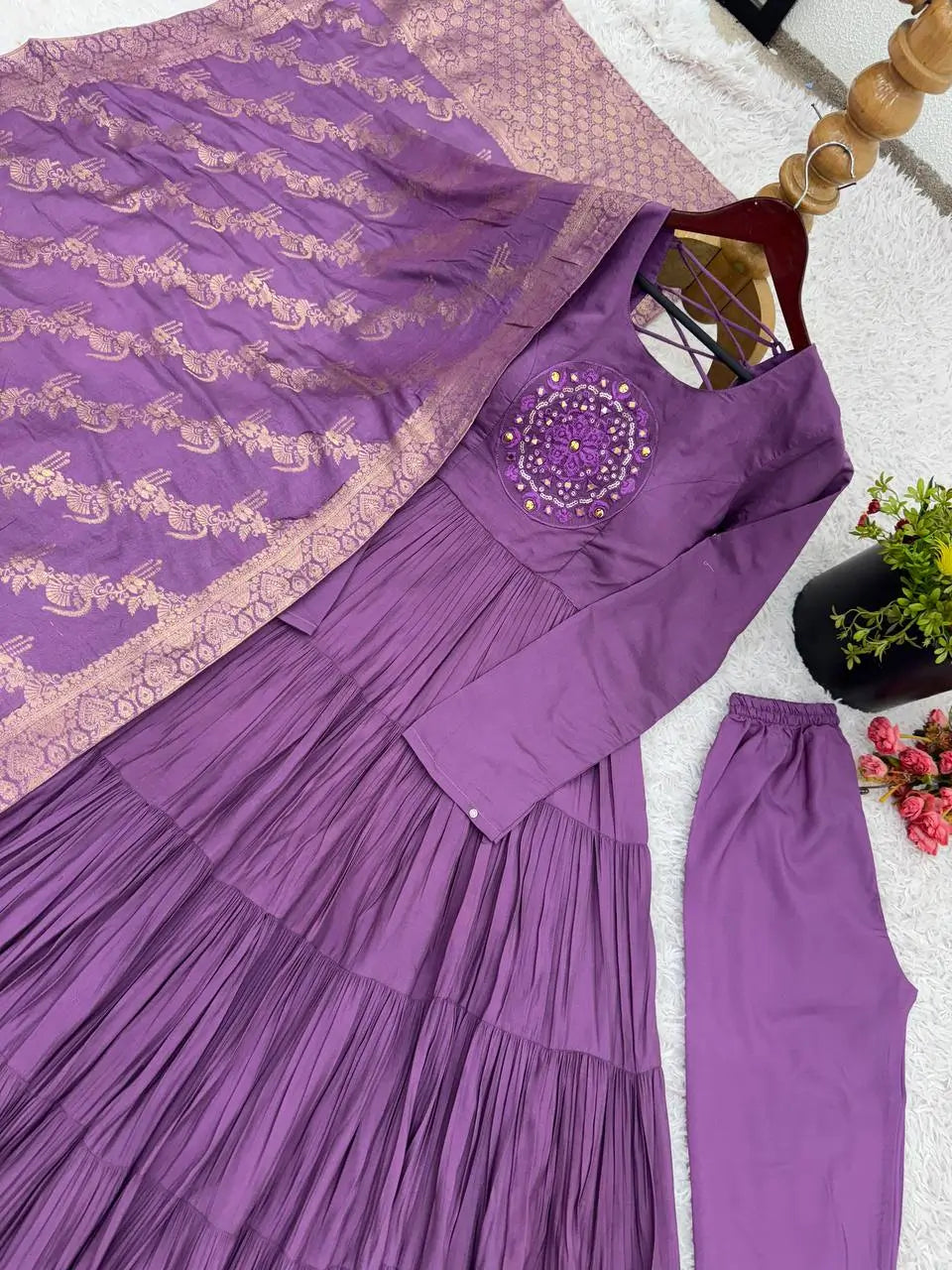 Designer Roman Silk Embroidered Gown Set with Jacquard Dupatta
