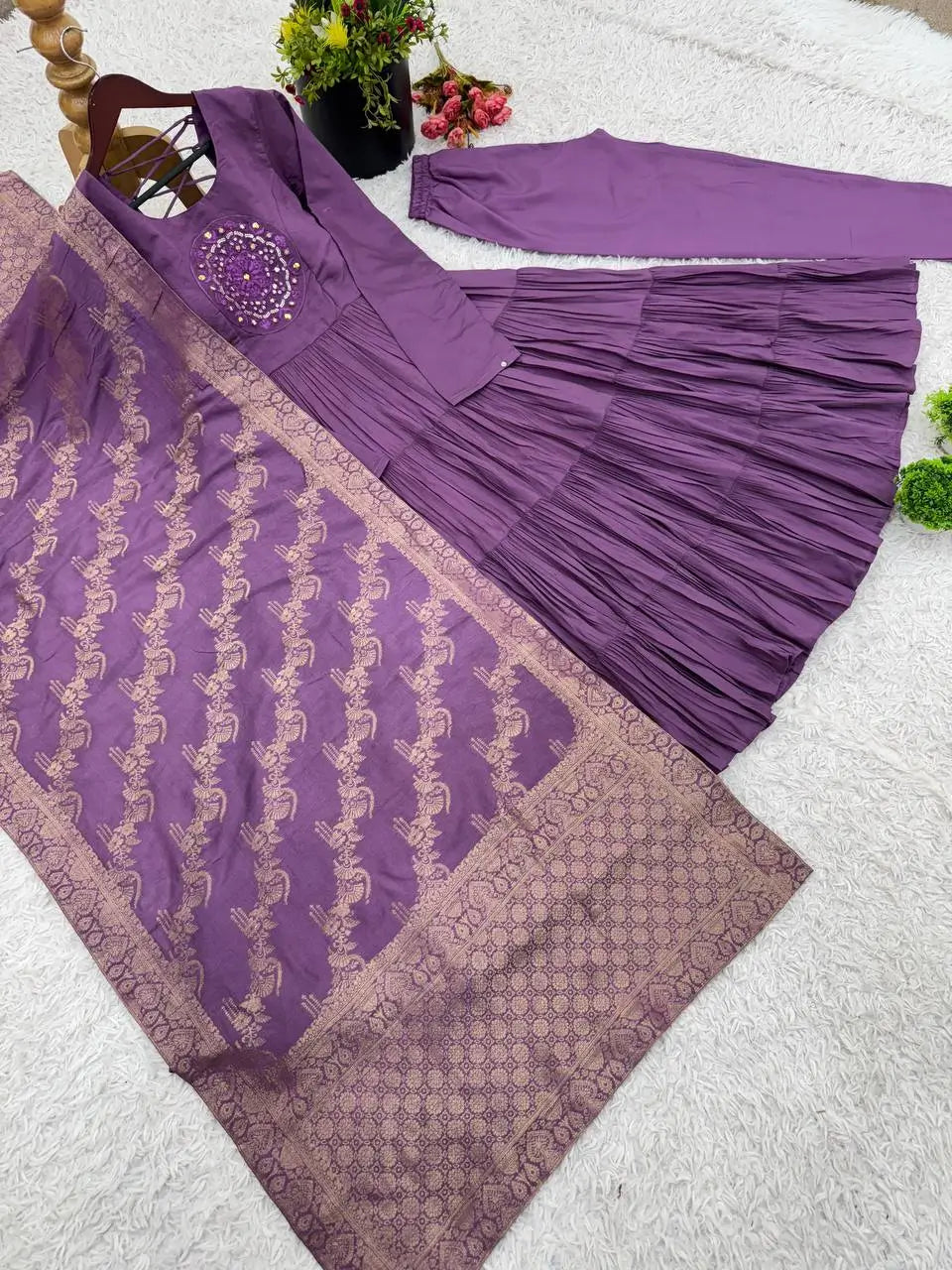 Designer Roman Silk Embroidered Gown Set with Jacquard Dupatta