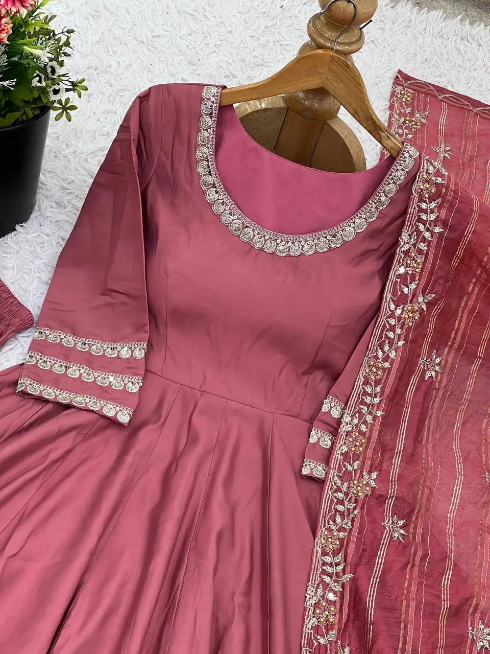 Designer Roman Silk Gown Set with Banarasi Dupatta