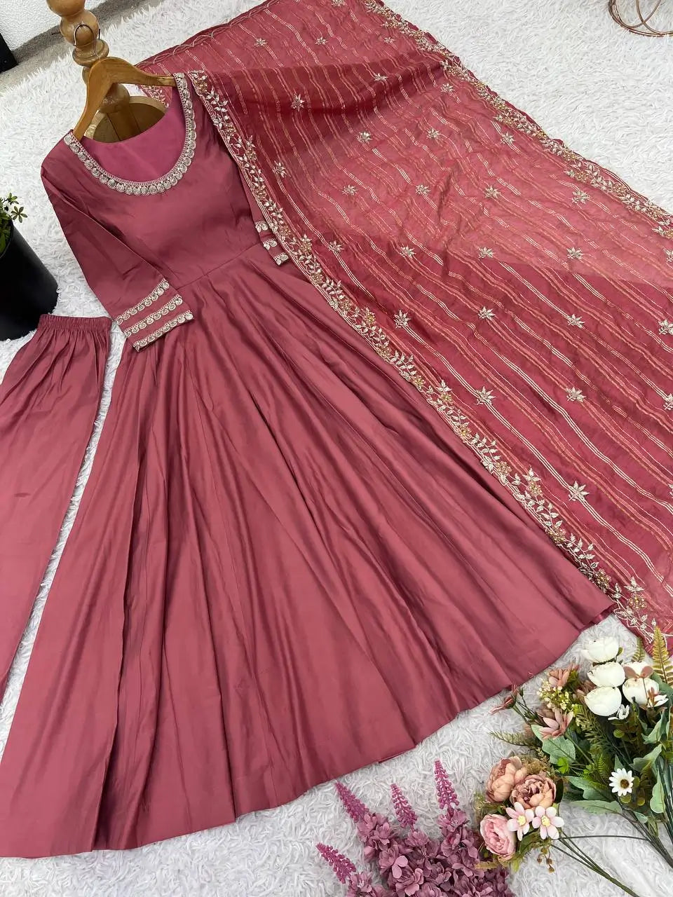 Designer Roman Silk Gown Set with Banarasi Dupatta