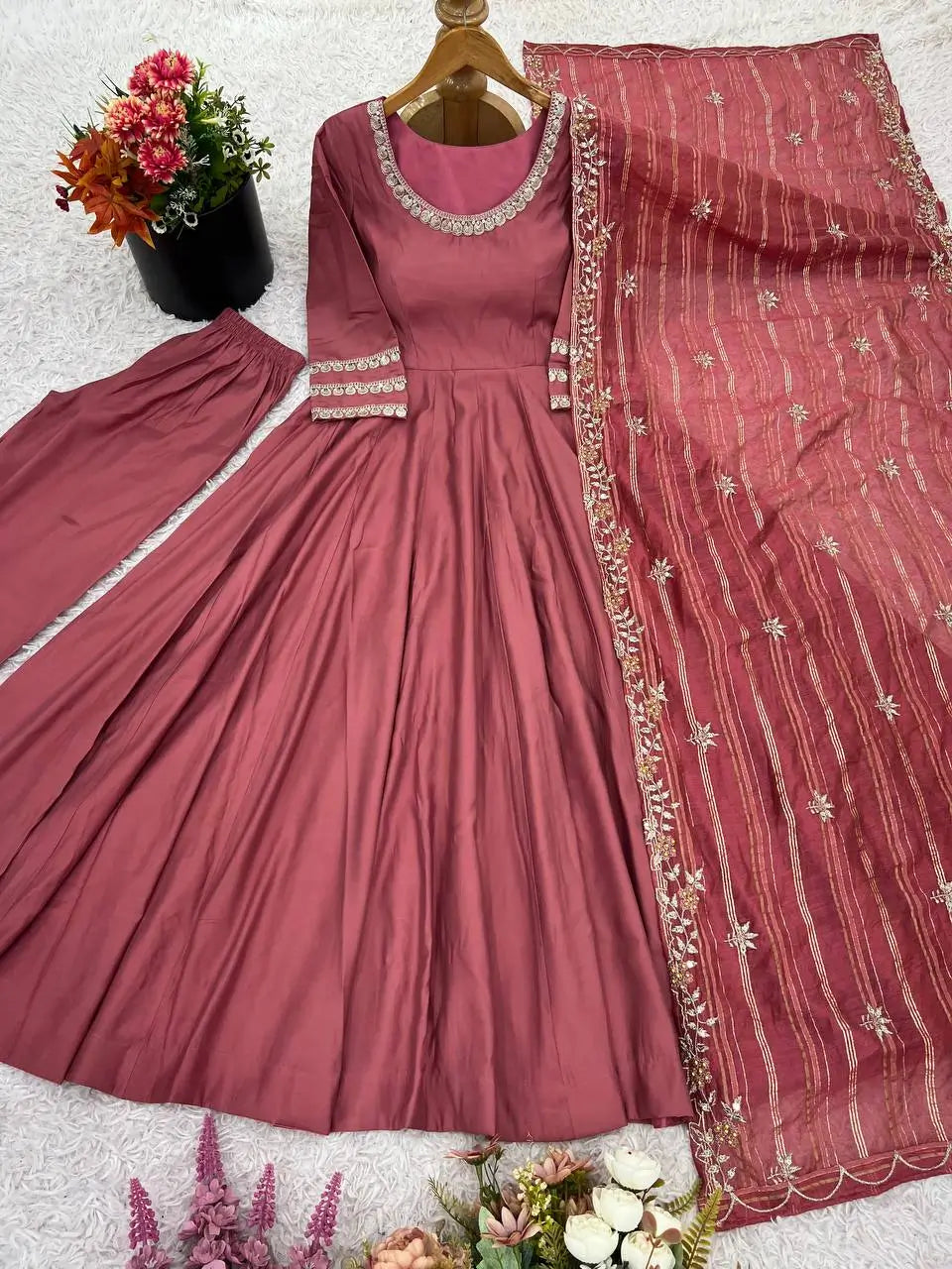 Designer Roman Silk Gown Set with Banarasi Dupatta