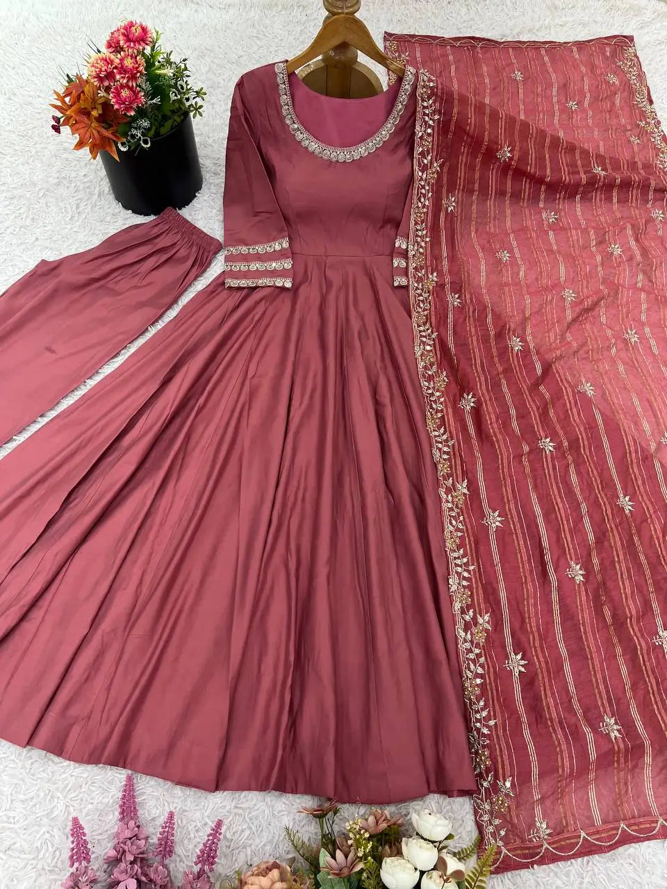 Designer Roman Silk Gown Set with Banarasi Dupatta