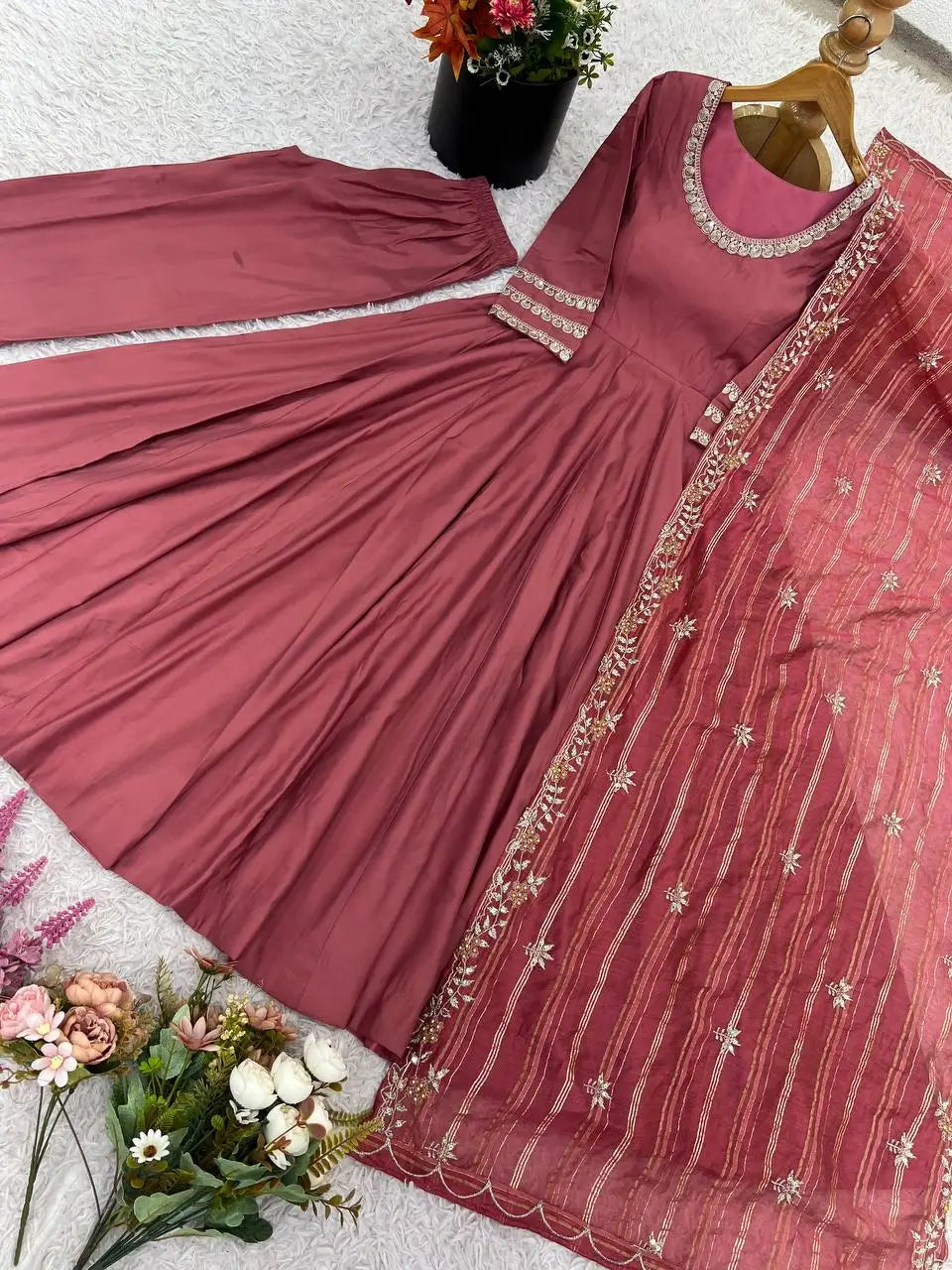 Designer Roman Silk Gown Set with Banarasi Dupatta
