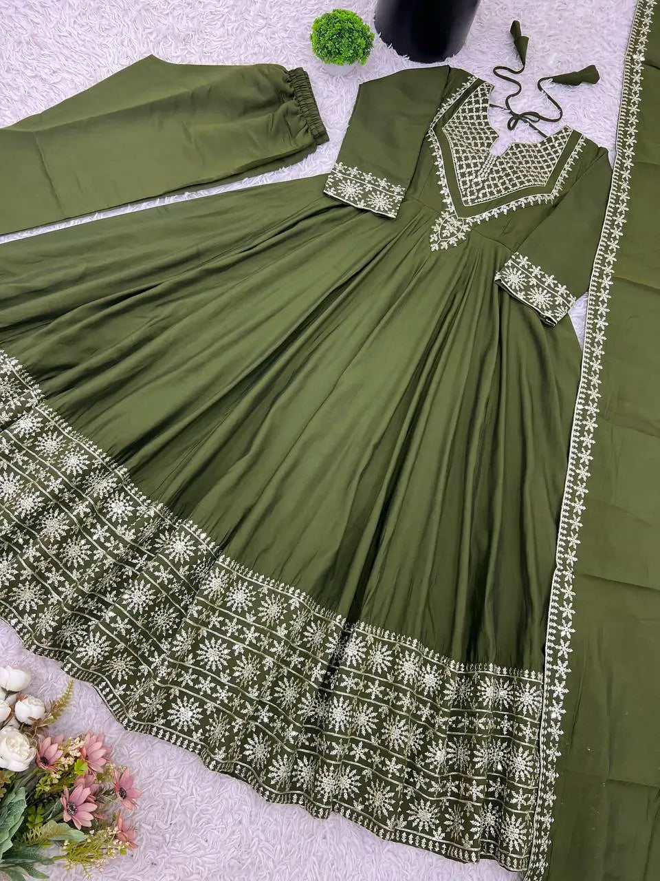 Designer Roman Silk Gown Set with Embroidery and Dupatta