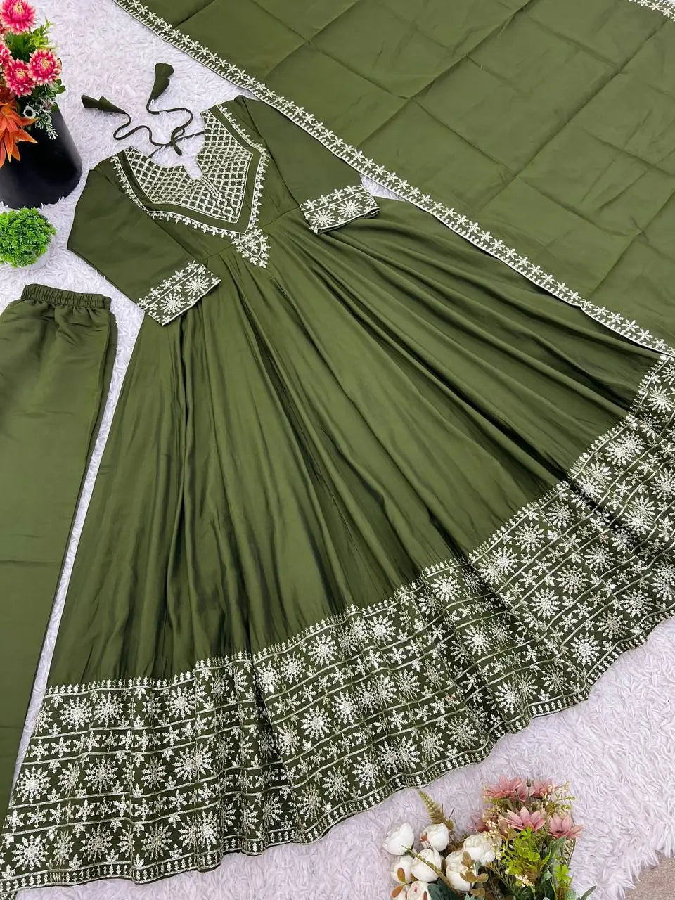 Designer Roman Silk Gown Set with Embroidery and Dupatta