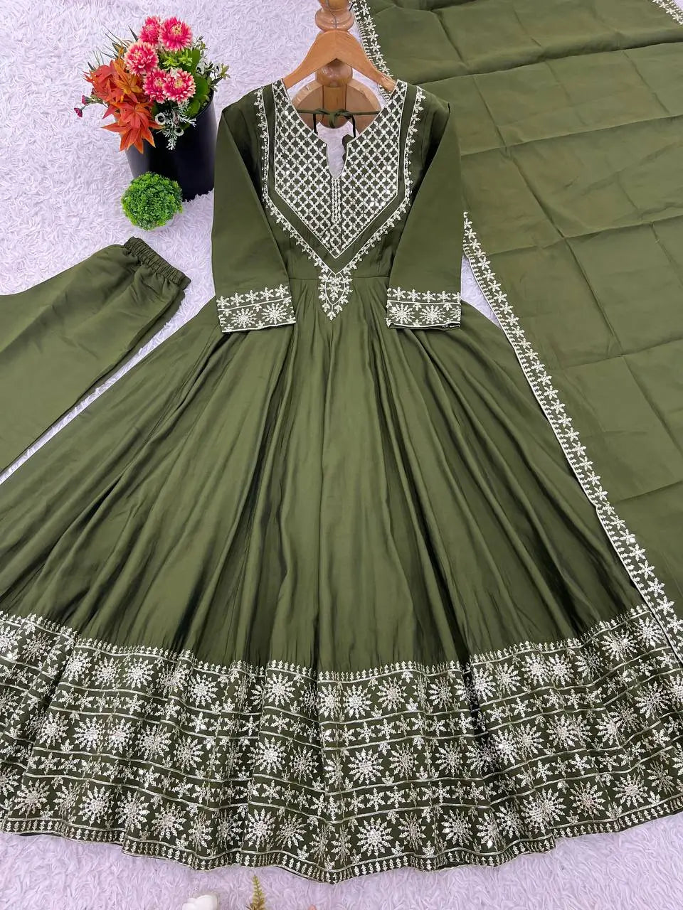 Designer Roman Silk Gown Set with Embroidery and Dupatta