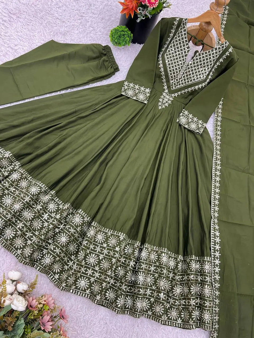 Designer Roman Silk Gown Set with Embroidery and Dupatta