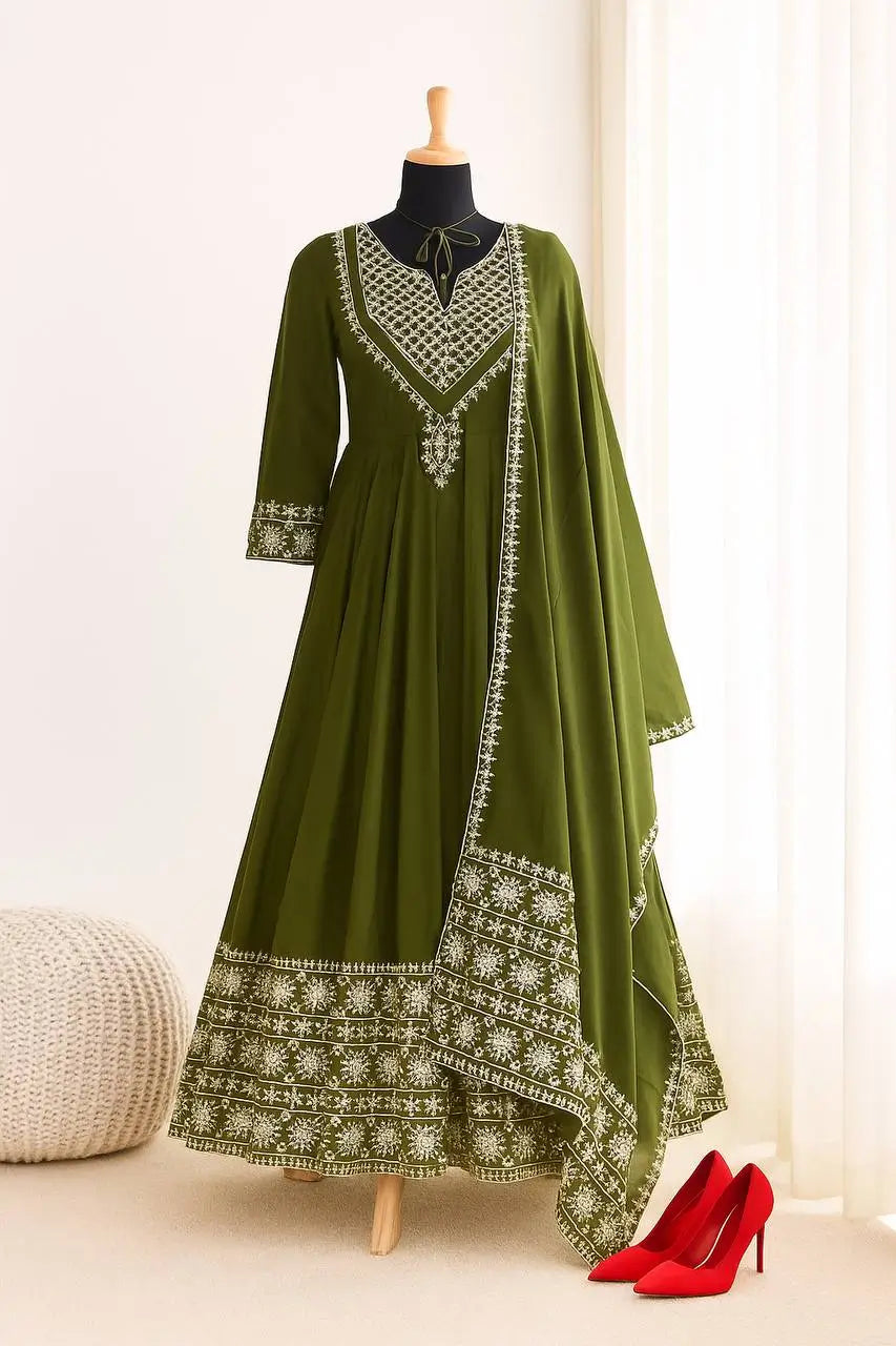 Designer Roman Silk Gown Set with Embroidery and Dupatta