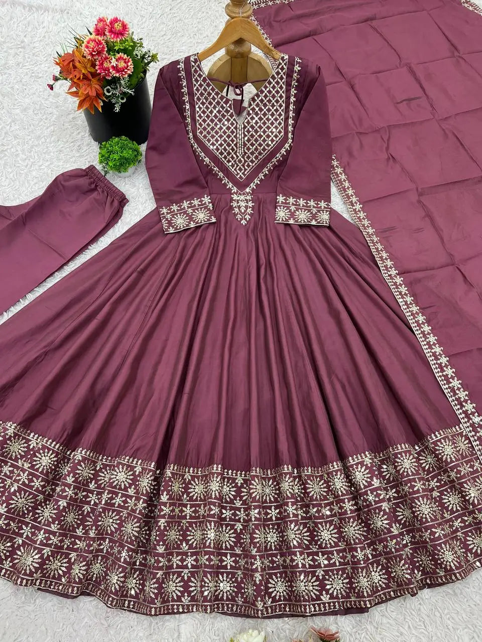 Designer Roman Silk Gown Set with Embroidery and Dupatta