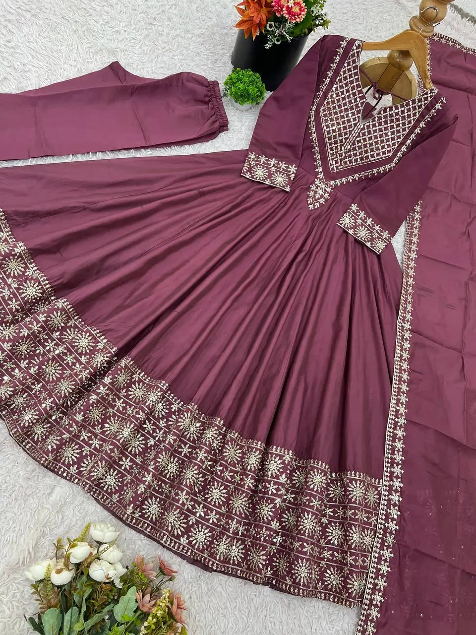 Designer Roman Silk Gown Set with Embroidery and Dupatta
