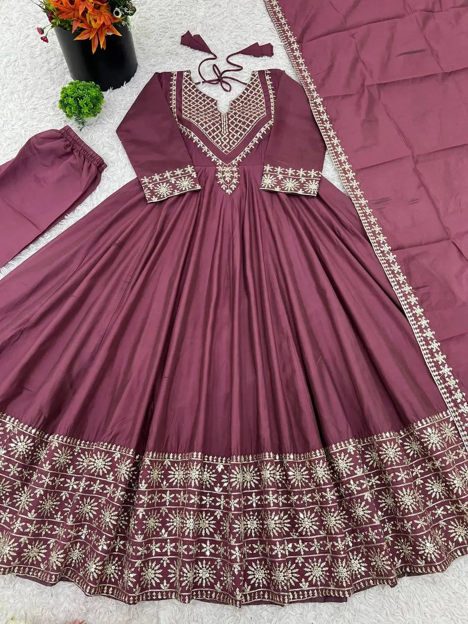 Designer Roman Silk Gown Set with Embroidery and Dupatta