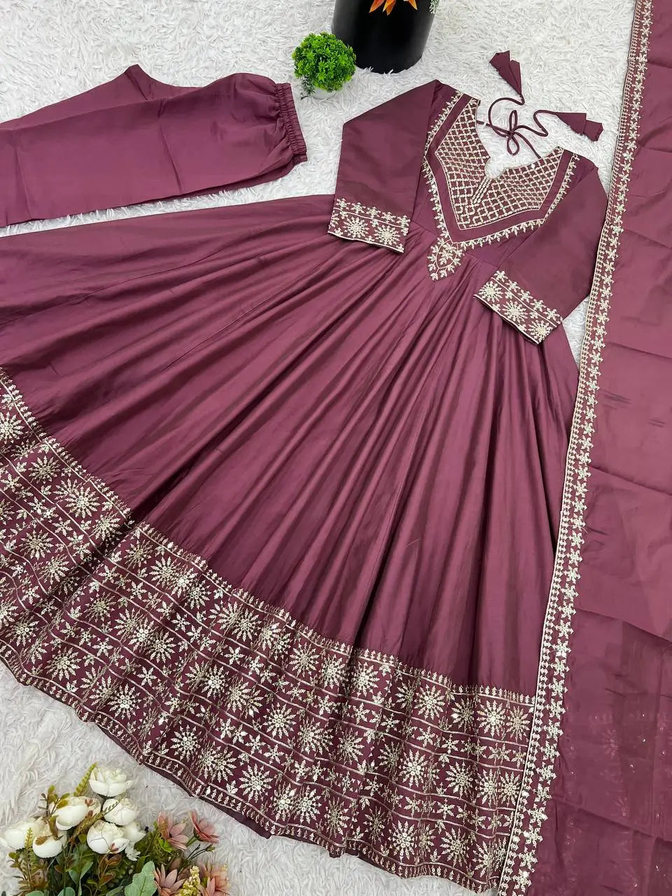 Designer Roman Silk Gown Set with Embroidery and Dupatta