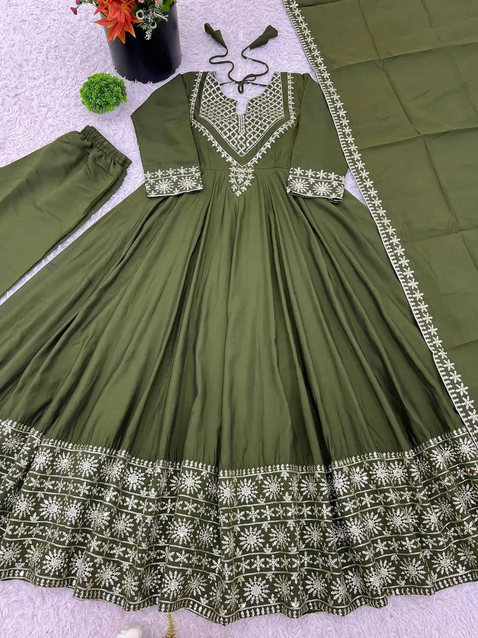 Designer Roman Silk Gown Set with Embroidery and Dupatta