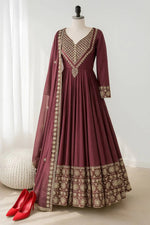 Designer Roman Silk Gown Set with Embroidery and Dupatta