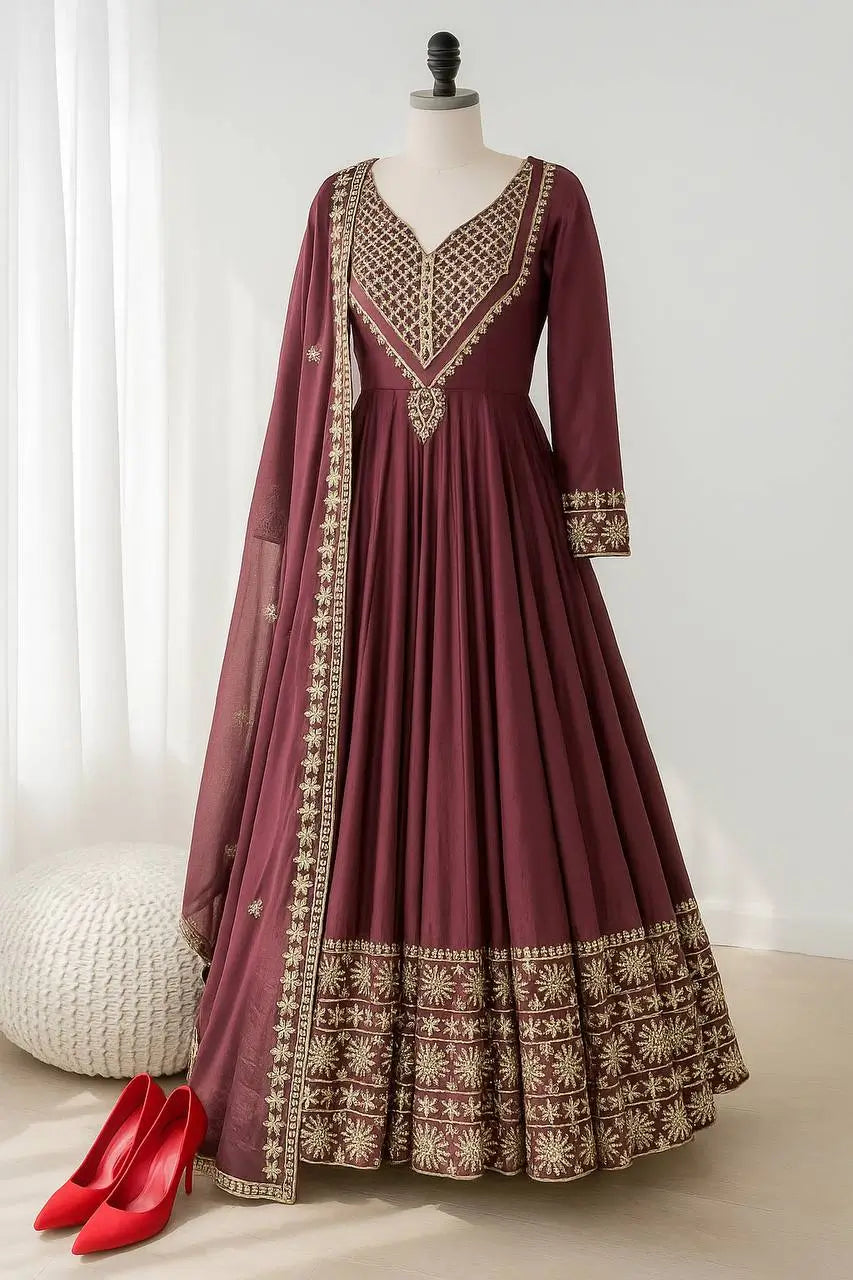 Designer Roman Silk Gown Set with Embroidery and Dupatta