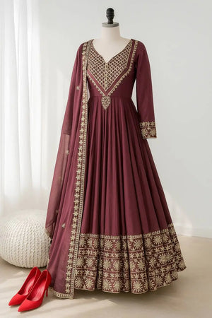 Designer Roman Silk Gown Set with Embroidery and Dupatta