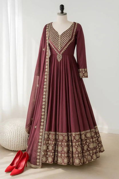 Designer Roman Silk Gown Set with Embroidery and Dupatta