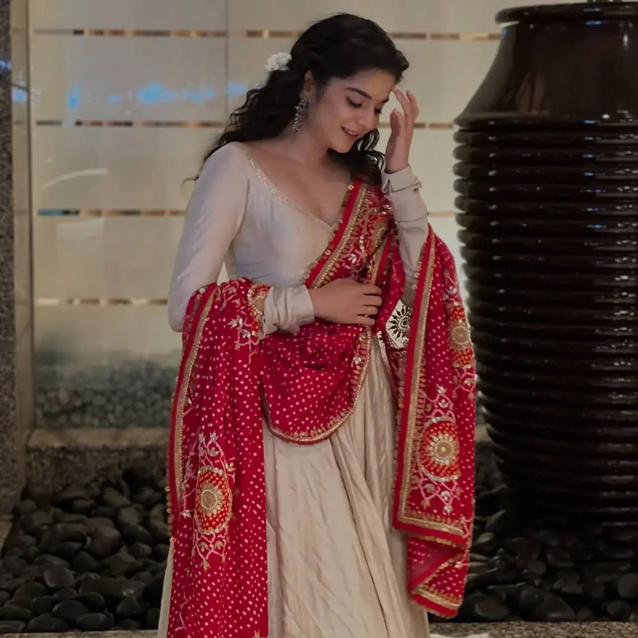 Designer Roman Silk Gown Set with Maslin Dupatta