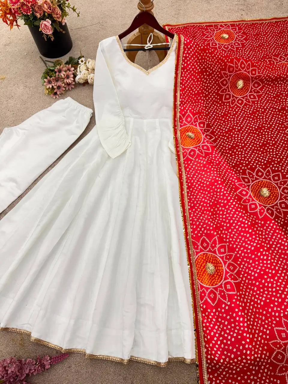 Designer Roman Silk Gown Set with Maslin Dupatta