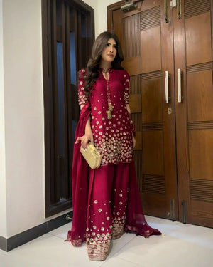 Designer Roman Silk Palazzo Suit with Embroidered Dupatta | Fully Stitched