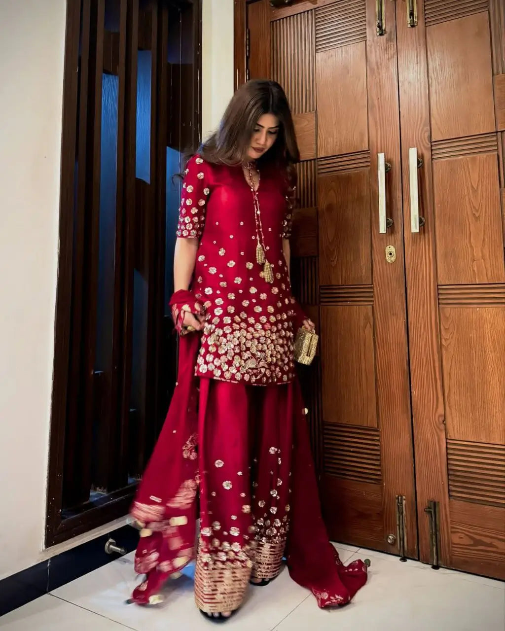 Designer Roman Silk Palazzo Suit with Embroidered Dupatta | Fully Stitched
