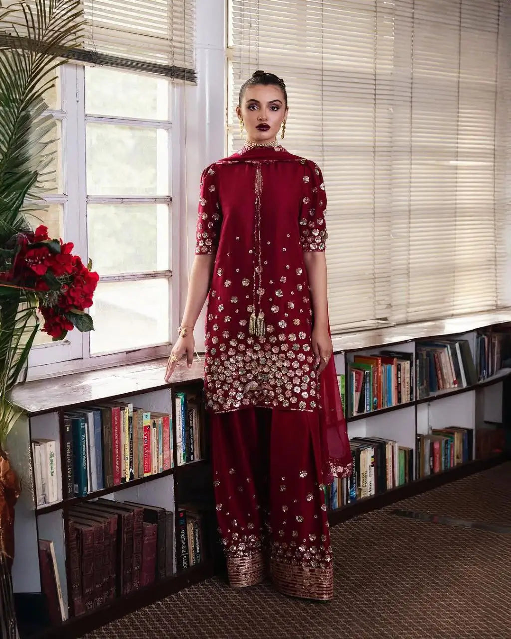 Designer Roman Silk Palazzo Suit with Embroidered Dupatta | Fully Stitched