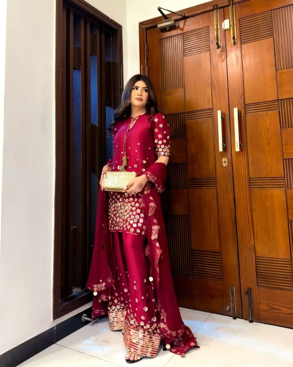 Designer Roman Silk Palazzo Suit with Embroidered Dupatta | Fully Stitched