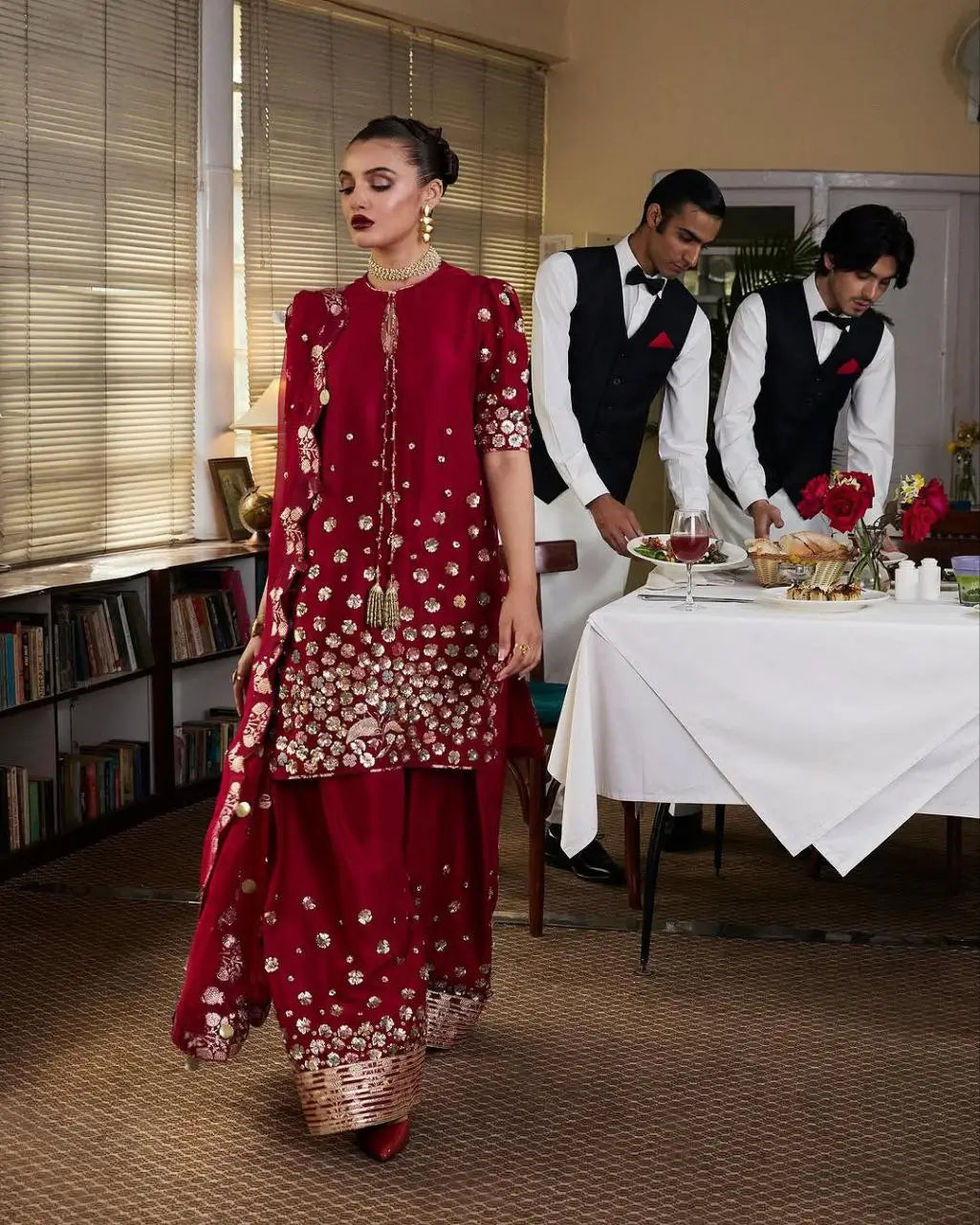 Designer Roman Silk Palazzo Suit with Embroidered Dupatta | Fully Stitched