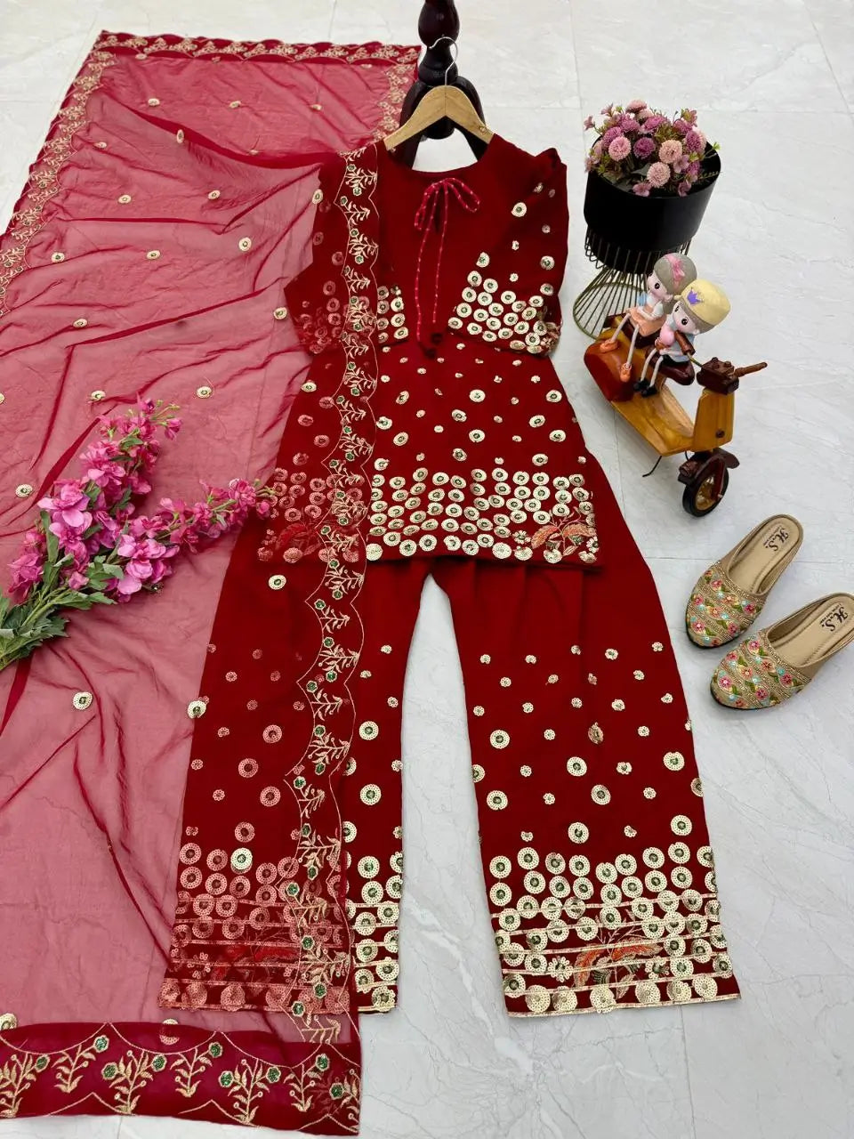 Designer Roman Silk Palazzo Suit with Embroidered Dupatta | Fully Stitched