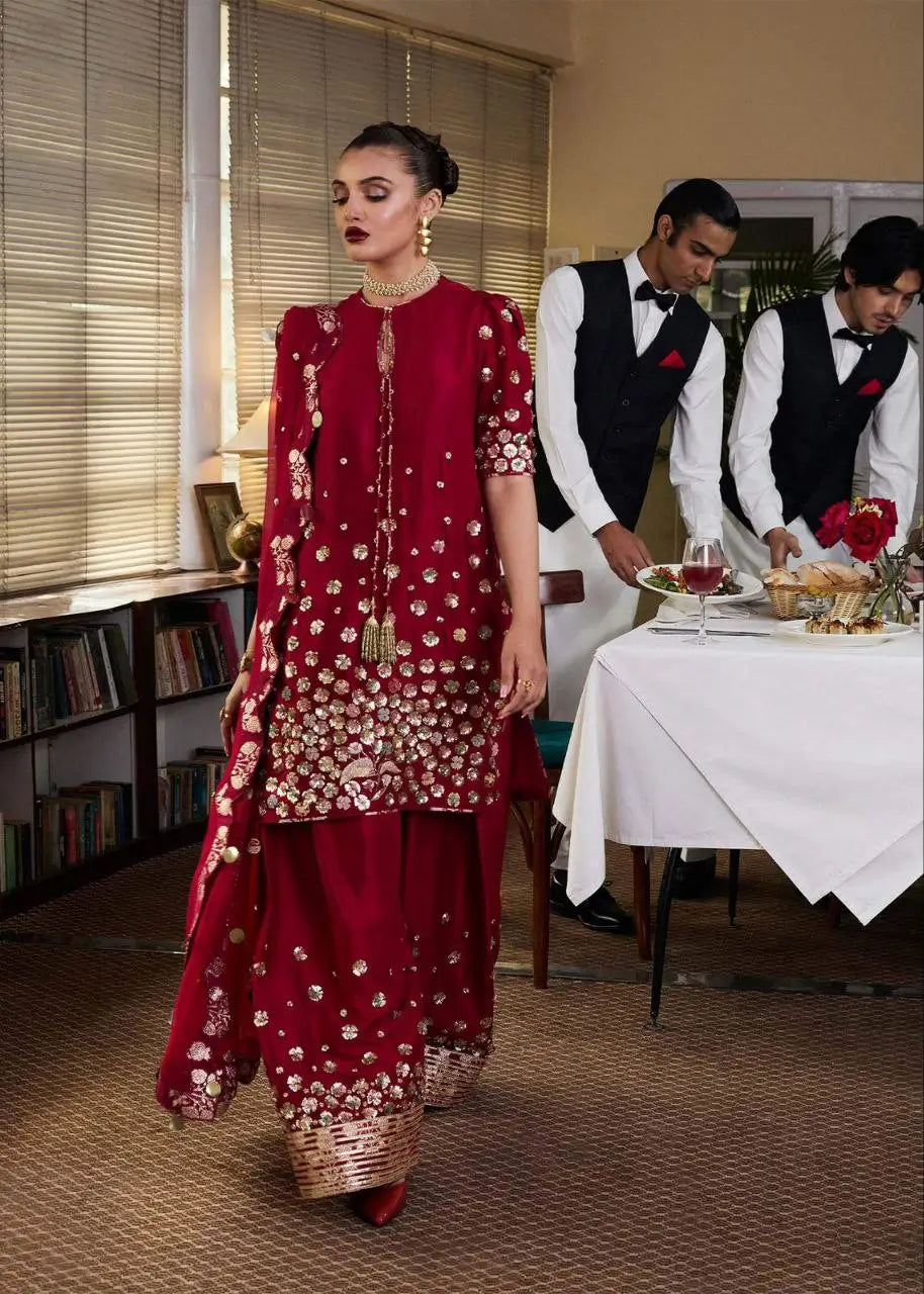 Designer Roman Silk Palazzo Suit with Embroidered Dupatta | Fully Stitched