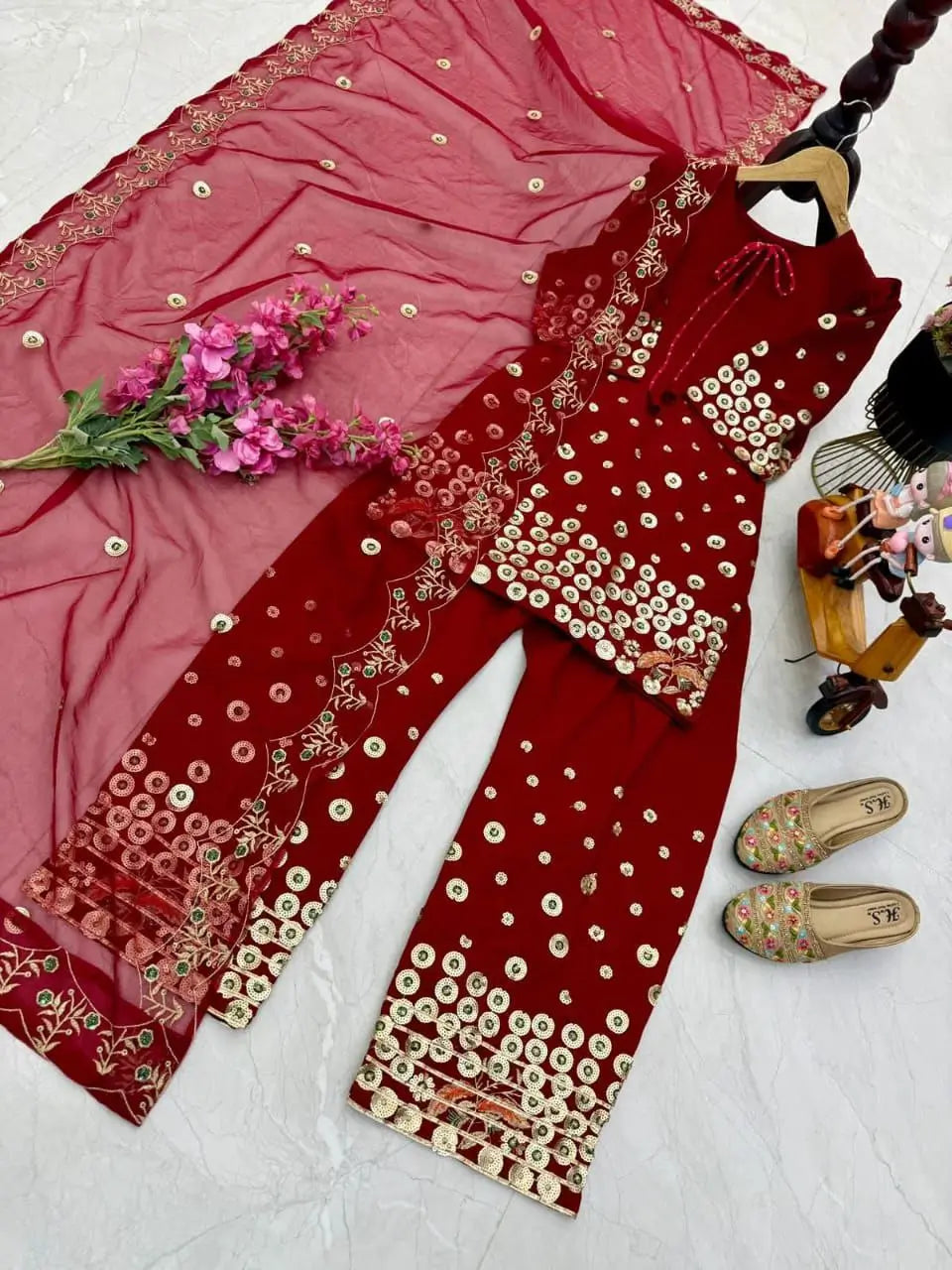 Designer Roman Silk Palazzo Suit with Embroidered Dupatta | Fully Stitched
