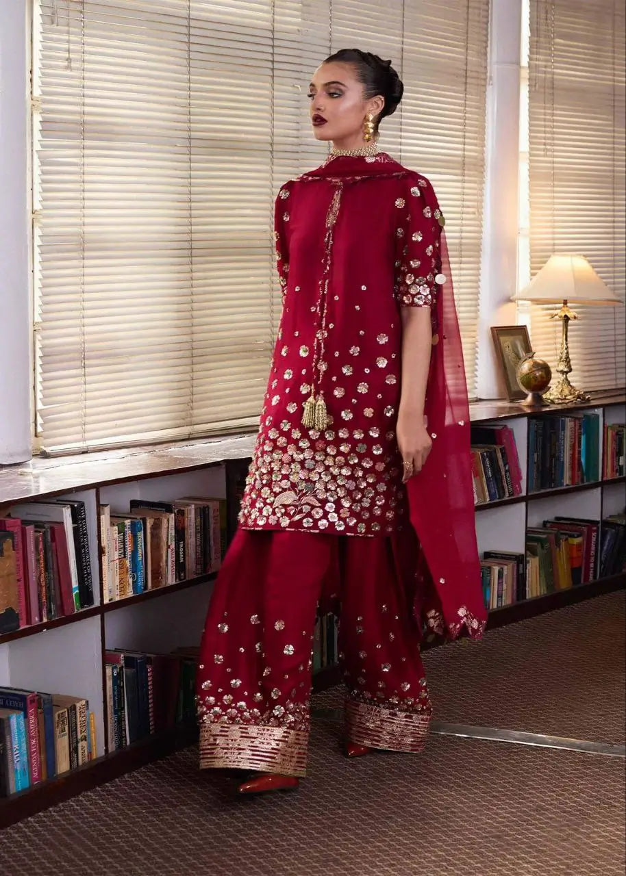 Designer Roman Silk Palazzo Suit with Embroidered Dupatta | Fully Stitched