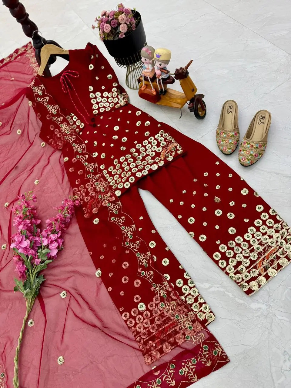 Designer Roman Silk Palazzo Suit with Embroidered Dupatta | Fully Stitched