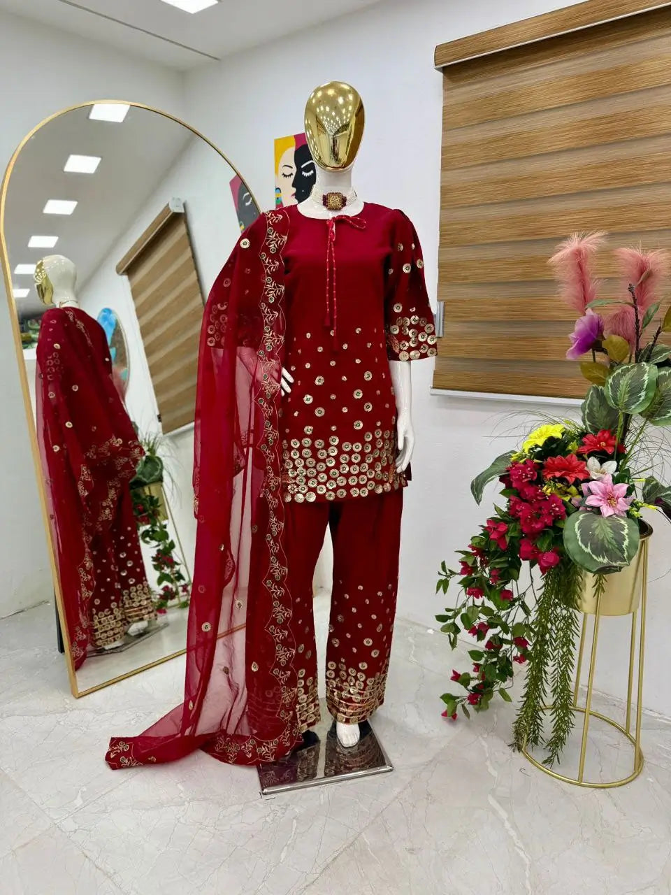 Designer Roman Silk Palazzo Suit with Embroidered Dupatta | Fully Stitched
