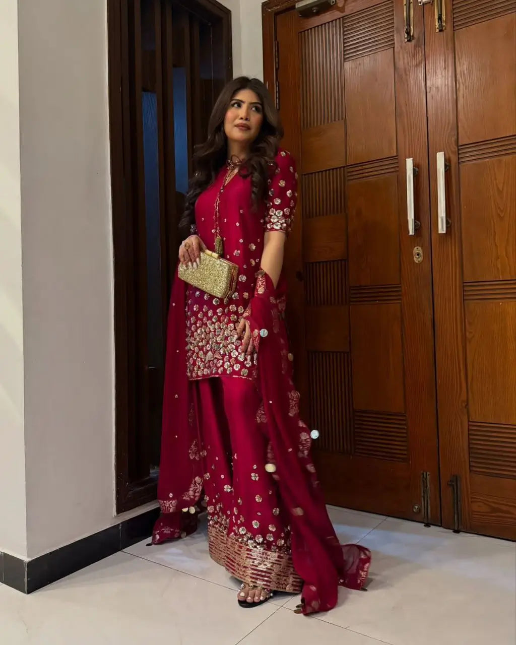 Designer Roman Silk Palazzo Suit with Embroidered Dupatta | Fully Stitched