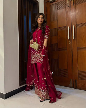 Designer Roman Silk Palazzo Suit with Embroidered Dupatta | Fully Stitched