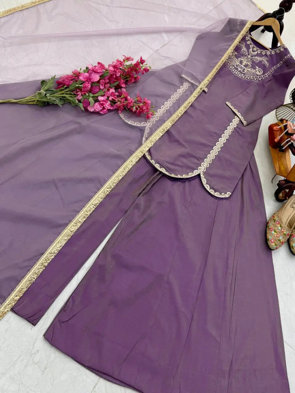 Designer Roman Simar Silk Sharara Suit with Sequin Embroidery & Organza Dupatta