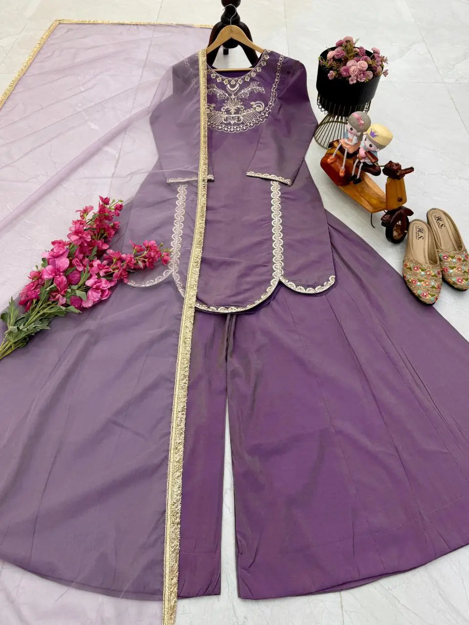 Designer Roman Simar Silk Sharara Suit with Sequin Embroidery & Organza Dupatta