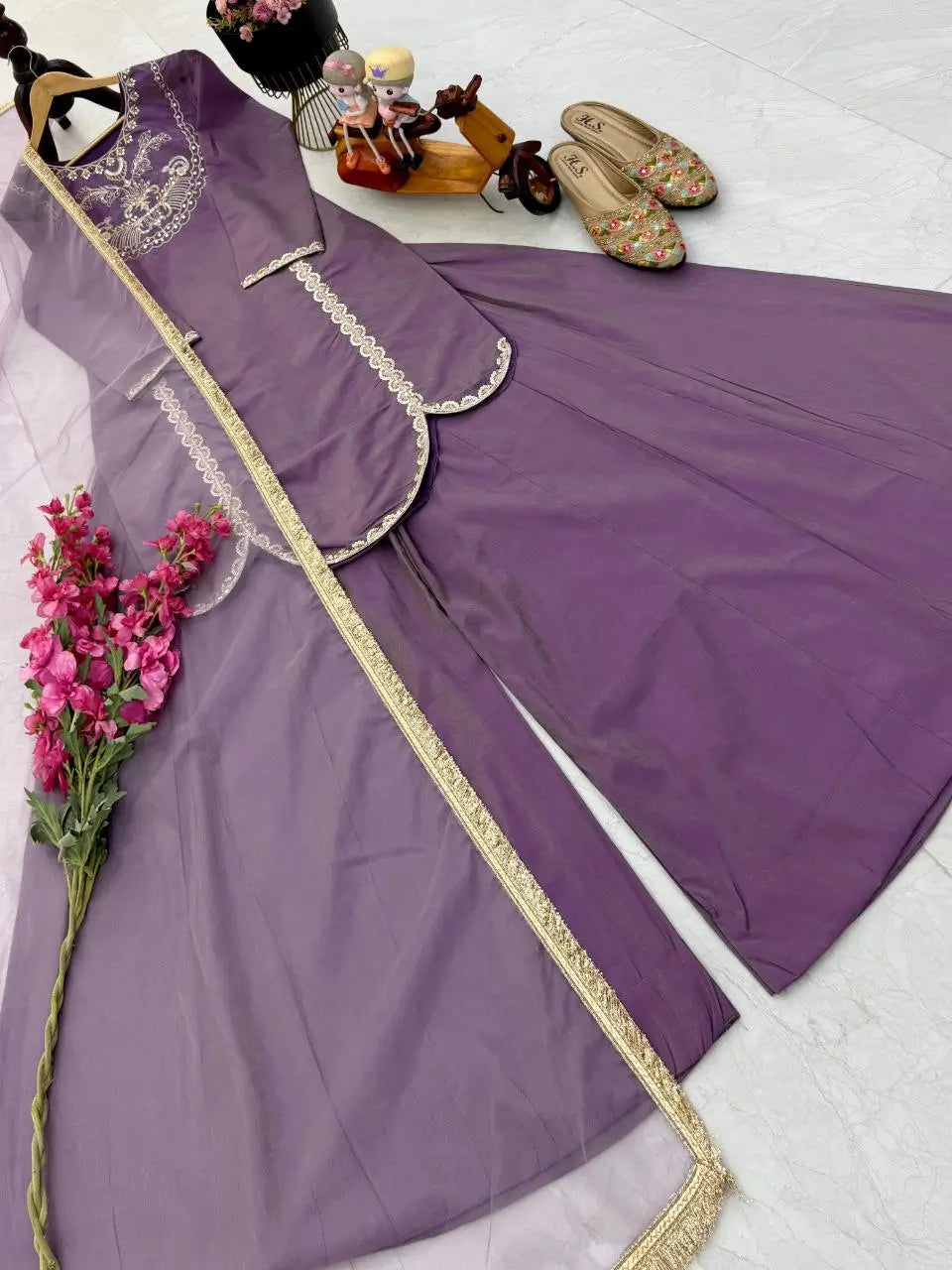 Designer Roman Simar Silk Sharara Suit with Sequin Embroidery & Organza Dupatta