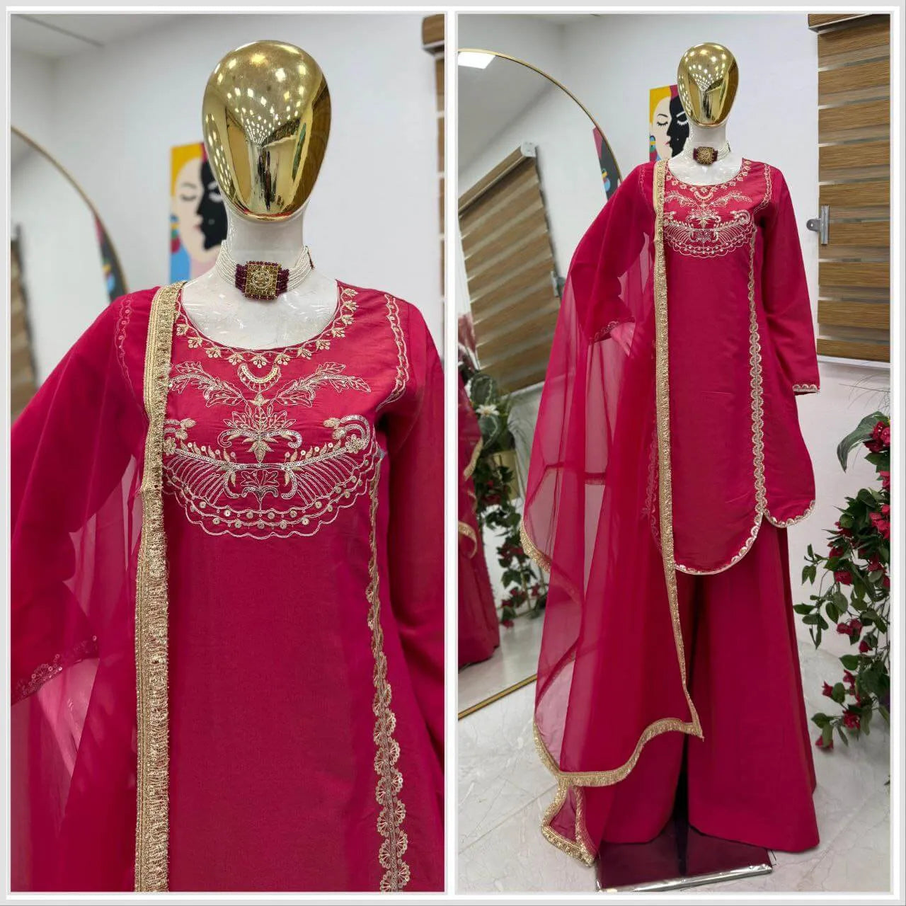 Designer Roman Simar Silk Sharara Suit with Sequin Embroidery & Organza Dupatta