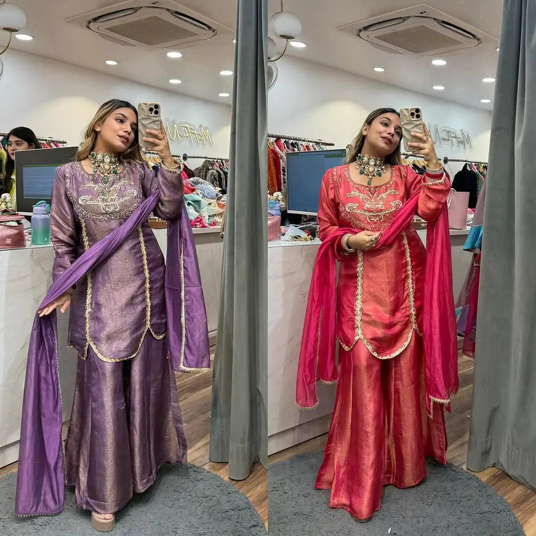 Designer Roman Simar Silk Sharara Suit with Sequin Embroidery & Organza Dupatta