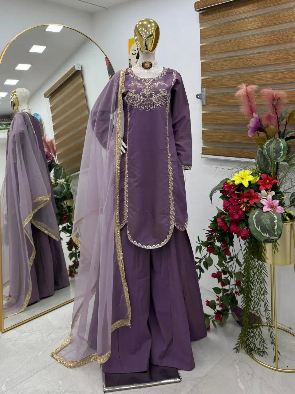 Designer Roman Simar Silk Sharara Suit with Sequin Embroidery & Organza Dupatta