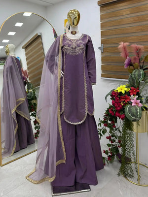 Designer Roman Simar Silk Sharara Suit with Sequin Embroidery & Organza Dupatta